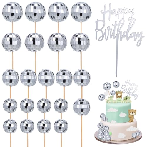 Toyvian 23Pcs Disco Ball Cupcake Toppers Happy Birthday Cake Topper 1970s Disco Ball Cake Picks Theme Cake Decor for Party 70s Disco Party Favor