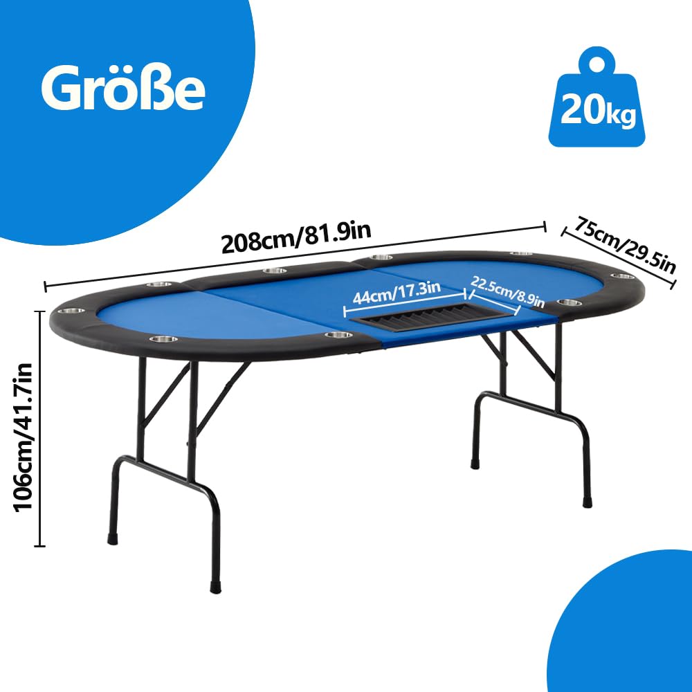 Mingone Oval Pokertisch Klappbar 208x106 cm mit Getränkehalter aus Edelstahl, gepolsterte Armauflage blau