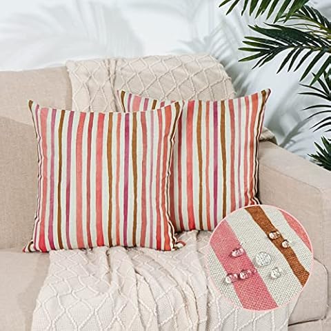 UINI Set of 2 Valentines Day Outdoor Throw Pillow Covers, 18x18 Waterproof Valentines Pillow Covers, Farmhouse Pink Stripes Decorative Cushion Covers for Furniture, Patio, Bench (Valentines Day/Pink) Cover