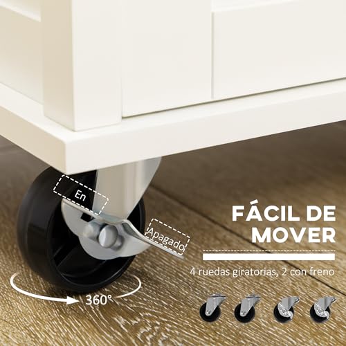 HOMCOM Carrito de Cocina Isla de Cocina Multifuncional con 4 Ruedas 2 Puertas Correderas 2 Cajones Estantes Ajustables y Barra de Colgar para Comedor Sala 110x49,5x89,5 cm Crema - imagen 4