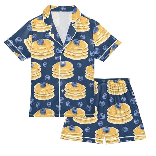 ALAZA Blueberry Cake Satin Pajamas Set Short Sleeve Button Down Sleepwear Summer Pjs 2 Piece