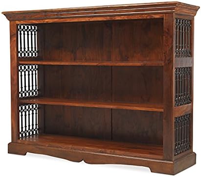 Madras Solid Sheesham Wood Low Wide Jali Bookcase Display Unit, Honey Brown, H 100 x W 130 x D 38 cm
