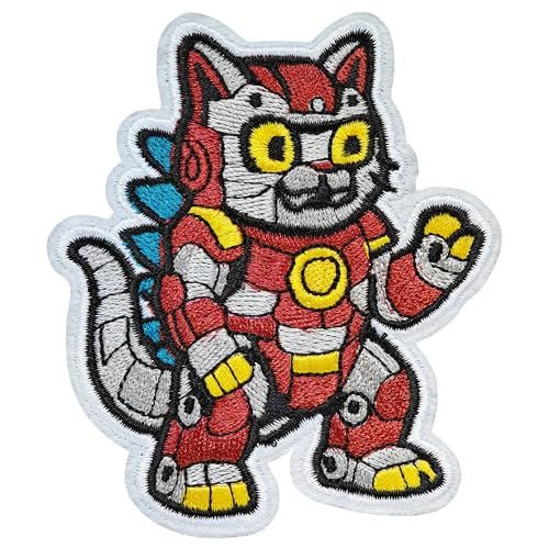 MACOCO Mecha Robot Cat Patch, 3 Inch Cyberpunk Armored Feline Embroidered Iron on Patches for Clothing, Backpacks, Jackets - Cool Sci-Fi Anime Monster DIY Gift for Boys, Teens, Gamers