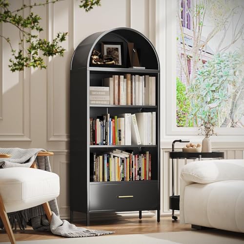 VEXPOR 73' Tall Arched Bookcase with 1 Drawer, Metal Arched Cabinet with 2 Adjustable Shelves, Open Display Shelf for Home Office & Living Room, Heavy Duty Steel Storage Organizer