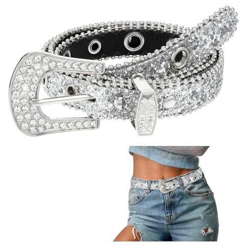 Rhinestone Belts Silver Western Sparkly Belt Cowgirl Cowboy Glitter Crystal Studded Leather Belts Bling Rhinestone Sparkle Belt Diamond for Jeans with Fashion Silver Buckle-41 Inch - Main Image