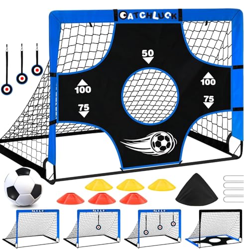 CATCHLUCK Fussballtor Garten, Fussballtore für Garten Kinder Tor Pop Up Fußball Tore mit Zielbereichen, DREI Ziele, Fußball, 6 Hindernisse und Tragetasche, Blau