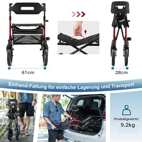 MAXWALK Rollator Faltbar und Leicht mit Sitz,30cm Reifen für Allen Gelände