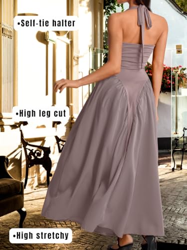 Image of ChiaoLezhee Deep V Neck Dress, Halter Maxi Dresses, Vacation Date Night, Sexy for Women Corset Flowy Wedding Guest Drop Waist
