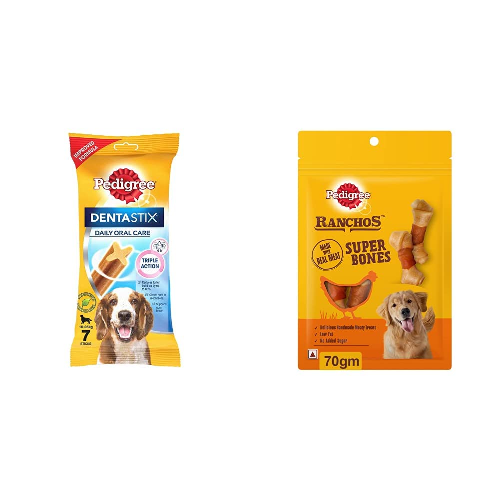 Pedigree Dentastix Medium Breed (10-25 kg) Oral Care Dog Treat, 180g Weekly Pack (7 Chew Sticks) & Pedigree RANCHOS Super Bones Chicken & Milky Flavour, 70 g (B0B8ZLGV8D) Amazon Price History, Amazon Price Tracker
