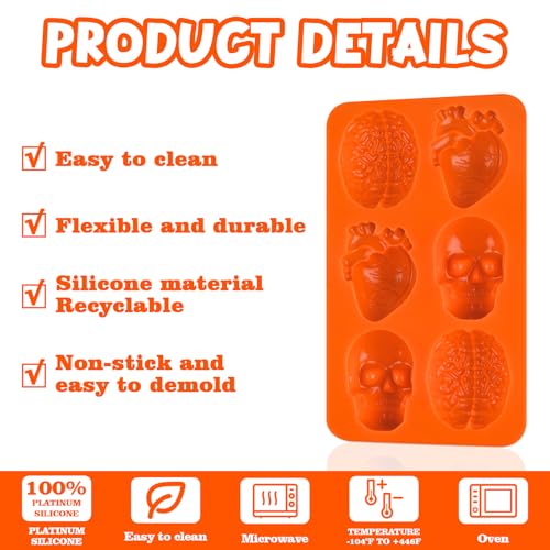 Image of Sakolla Skull Brain and Heart Silicone Mold, 2 Pack Halloween Baking Molds for Make Human Organs shape Cake, Chocolate, Gelatin, Jelly, Soap and Resin