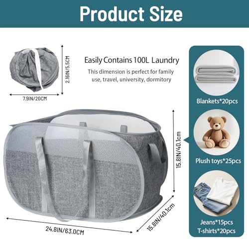 Image of 100L Collapsible Laundry Baskets, Tear Proof Pop Up Laundry Hamper with Dual Handles, Large Foldable Laundry Basket, Easy to Carry Laundry Hamper for Home, Laundry Room, Bedroom, Dorm, Travel Grey