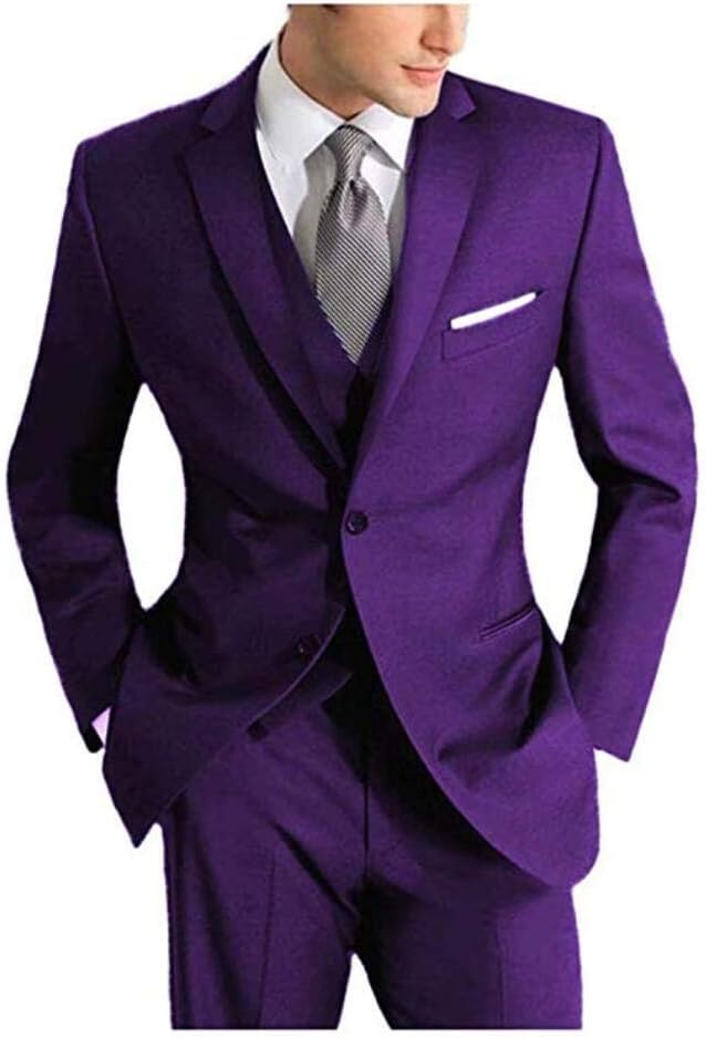 Men's 3 PC Peak Lapel Purple Suits Slim Fit Groom Tuxedos Wedding Suits Purple 36 Chest / 30 Waist