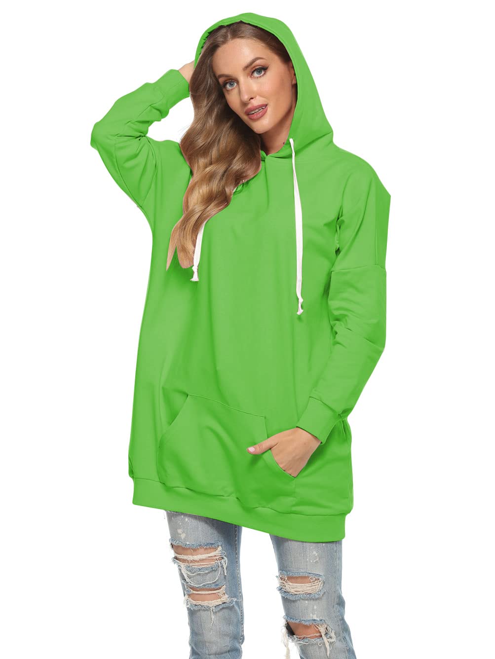 Famulily Robe sweat à capuche surdimensionnée pour femme - En coton - Longue - Avec capuche - Couleur unie - Avec poches et cordon de serrage, vert, L