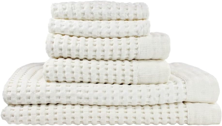 GILDEN TREE Waffle Towel Set Quick Dry Thin | 2 Bath Towels | 2 Hand Towels | 2 Washcloths, Modern Style (Cream)