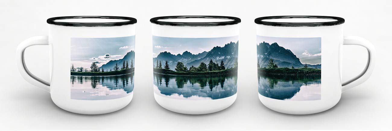 Metall-Tasse selbst gestalten/Personalisierbar mit eigenem Foto oder Text bedrucken/Fototasse/Motivtasse/Camping/Emaille - Schwarzer Rand