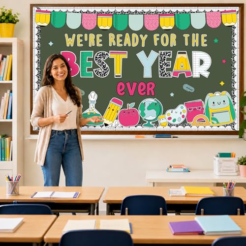 Ready for the Best Year Ever Bulletin Board Back to School Bulletin Board Decor Composition Notebook Classroom Decorations Apple Ruler Pencil Cutouts for First Day of School Door Wall Chalkboard Decor - Image 4