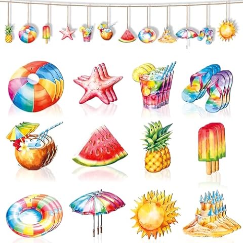 37 PCs Wood Summer Hanging Ornaments Summer Tree Ornaments Wooden Beach Ornaments with String for Luau Party Summer Decorations for Home Cover
