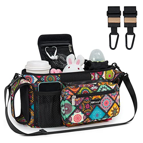 Image of TOPDesign Universal Baby Stroller Organizer, Stroller Caddy with Heightened Insulated Cup Holders & Non-Slip Secure Hooks Accessories, Fits Most Strollers, Machine Washable (Yoga)