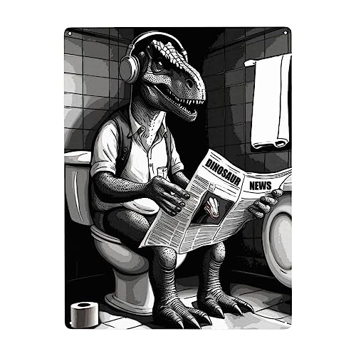 Divertido letrero de metal de dinosaurio para baño, arte de pared de dinosaurio, leer periódico, decoración de pared de baño de dinosaurio para sala de estar, baño, cocina, póster de decoración de 12