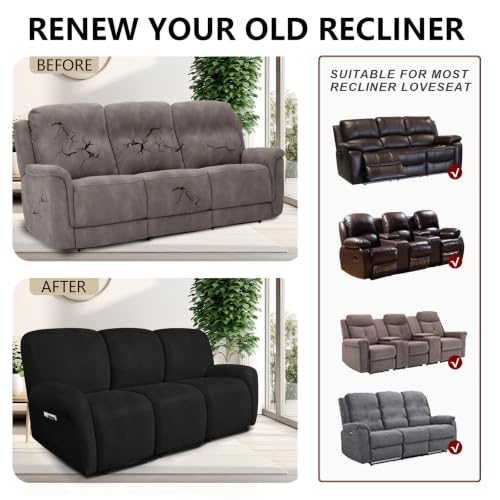 Image of ANARACHON Leather Look Recliner Couch Cover 8-Piece Recliner Sofa Slipcovers 3 Seater for Reclining Couches Furniture Protector Spandex Fabric Washable (Recliner Sofa,256Black)