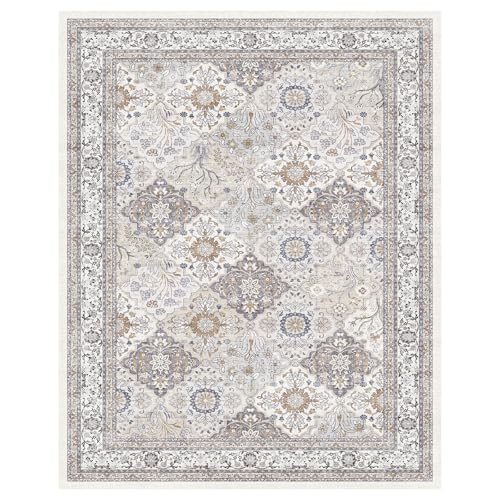 Vintage 8x10 Washable Area Rug, Low-Profile Large Area Rug with Non-Slip Backing & Durable Edge Binding, Pet-Friendly Carpet, Large Rug for Living Room, Bedroom, Dinning Room