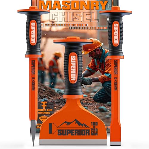 KIRXST 3Pcs Heavy Duty Masonry Chisel Set with Hand Guard Concrete Chisel Tools Including 12 Inch Point 12 Inch Flat 8.5 Inch Brick Chisels for Demolition Mason Carving Concrete