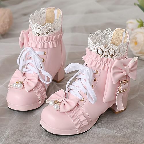 LUXMAX Women Chunky Heel Lace Up Booties Lolita Kawaii Shoes Block Heel Cute Ankle Boots Sweet Lace Boots with Bow3