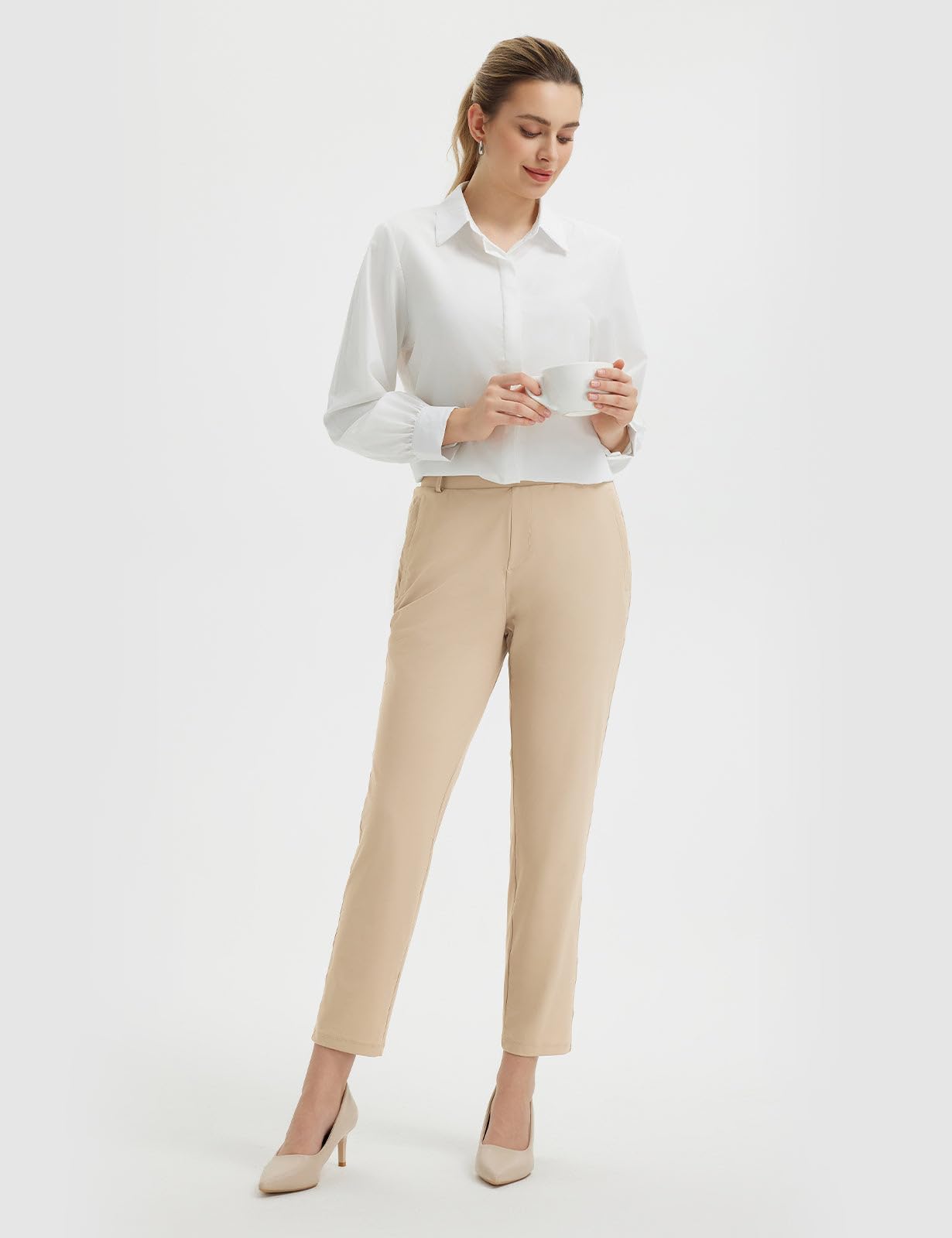 BALEAF Pantalon de golf extensible pour femme avec passants de ceinture et poches à fermeture éclair UPF 50+, kaki, XS