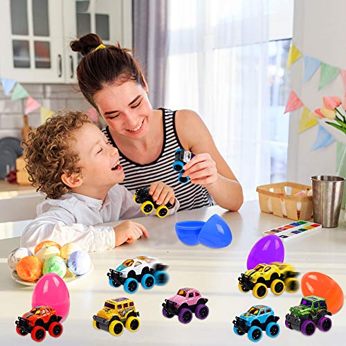 Zcaukya Easter Eggs with Pull Back Cars, 12 Alloy Cast Vehicles and 12 Colorful Easter Eggs, Easter Surprise Egg Car Toys for Easter Egg Hunt, Easter Basket Stuffers, Kids Birthday Gifts, NOT Prefill