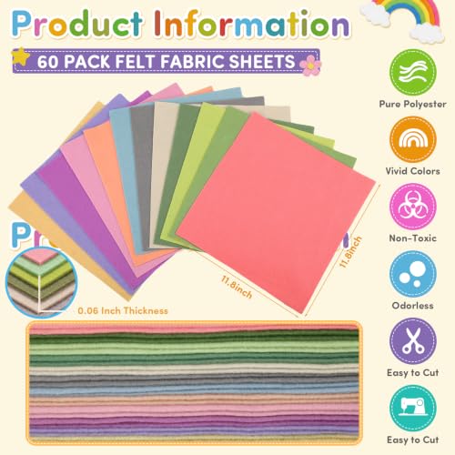 Image of 60pcs 12 x 12 Inches 1.4mm Thick Soft Felt Fabric Sheet 12 Assorted Morandi Series Colors Felt Fabric Sheet for DIY Craft Squares Handcraft Sewing Squares Patchwork Nonwoven Patchwork