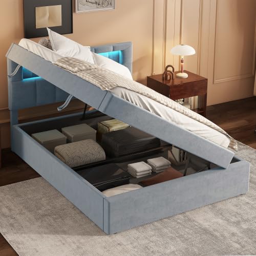 Letto Boxspring Imbottito Singolo 90x200 cm con Contenitore e LED, Grigio