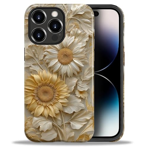 ZHEGAILIAN Case for iPhone 14 Pro,Shockproof Hard Shell + Soft Silicone 2 in 1 Hybrid,Shockproof Bumper Drop Protective - Faux Porcelain Sunflower