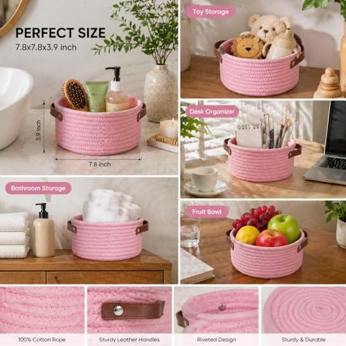 Image of Small Woven Basket, Cute Mini Cotton Rope Storage Basket with leather handle, Tiny Decorative Round Storage Bin, Boho Empty Gift Baskets for Organizing, Toy Organizer for Nursery (Pink)