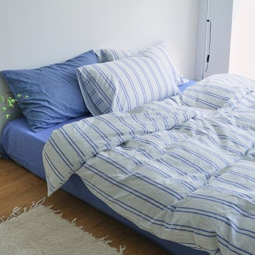 Blue Striped Duvet Cover Set Twin, Modern Style Soft 100% Washed Cotton Bedding Set, 3 Pieces Blue Stripes Pattern Printed Comforter Cover, Retro Striped Breathable Duvet Cover with Zipper Closure