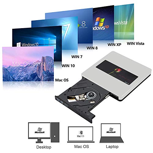External CD Drive USB 3.0/Type-C Portable CD/DVD+/-RW Burner Player Writer CD ROM for Laptop Mac MacBook Ai Pro Windows Desktop PC(Silver)