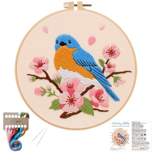 Image of Louise Maelys Blue Bird Embroidery Kit for Beginners, DIY Floral Kit | Needlepoint Kit with Hoop, Printed Fabric, Threads, Needles and Instructions. Perfect for DIY Cross Stitch Kits craft at home