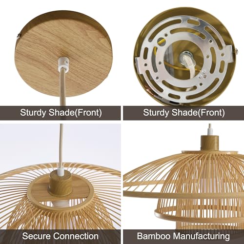 Image of Pendant Light, Bamboo Boho Hanging Light with Adjustable Height | For Kitchen Islands, Dining Rooms, Bedrooms, Entryways, 20'' Handwoven Lampshade, E26 Socket (Bulb Included)