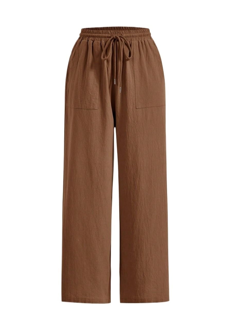 Womens Fall Solid Drawstring Waist Wide Leg Pants Trousers Brown