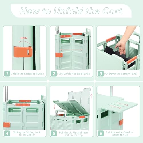 SELORSS BY10WX, Faltbarer Einkaufswagen auf 4 Rädern, 55 l/80 kg, Upgrade-Mobilitätsrollwagen im Flat-Pull-Stil mit verlängertem Deckel, Teleskopgriff, Einkaufswagen für Camping/Lehrer, Grün – Bild 8