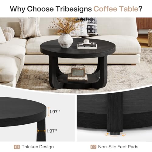 Image of Tribesigns Round Coffee Table, 2-Tier Circle Coffee Table with Storage, Modern Wooden Accent Center Table for Living Room, Thick Tabletop & Base, Black