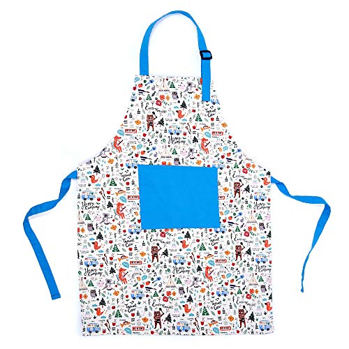 BCKAKQA Tablier pour enfants avec poche en coton bleu réglable animaux de la forêt pour la cuisine, la pâtisserie, la peinture, les enfants, les artistes Cover