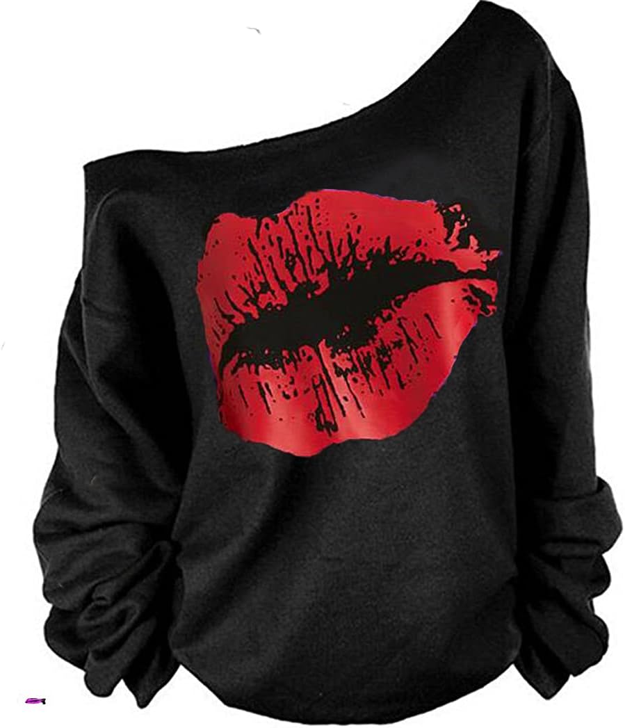 MAGICMKWoman’s Sweatershirt Lips Print Causal Blouse Off The Shoulder Long Sleeve Loose Slouchy Pullover Plus Size Tops