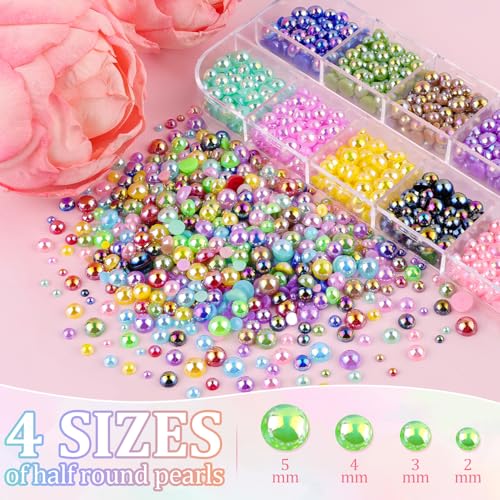 Image of Flatback Pearls for Crafting with 3Pcs 10ml B7000 Jewelry Glue, 1 Box of Half Round Colorful AB Pearls, Bedazzling Beads for DIY Crafts Clothing Tumblers Shoes Embellishment Nail Art