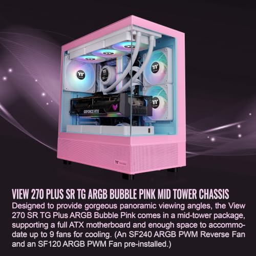 Image of Thermaltake View 270 Plus SR TG ARGB; Mid Tower Chassis; 1xSF240 ARGB PWM Reverse Fan 1xSF120 ARGB PWM Fan; 360mm Radiator Support; 420mm GPU Clearance; Bubble Pink; CA-1Y7-00MAWN-06