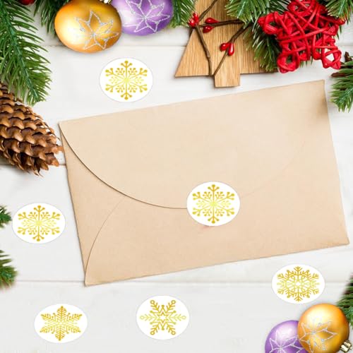 Image of 500Pcs Christmas Stickers Roll for Cards 6 Designs Gold Foil Snowflake Stickers Clear Xmas Winter Holiday Round Adhesive Label Stickers Decal for Xmas Envelopes Invitations Cards Gifts Decor