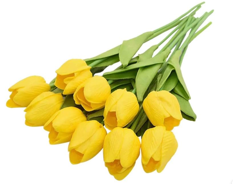 Image of Garden Art Artificial Tulip Flowers (Pack of 5) | Real Touch Silicone Single Stem Tulips for Home Decor, Living Room, Office, Vase & Wedding Decoration GAASTFB-1H-33Y (Yellow)