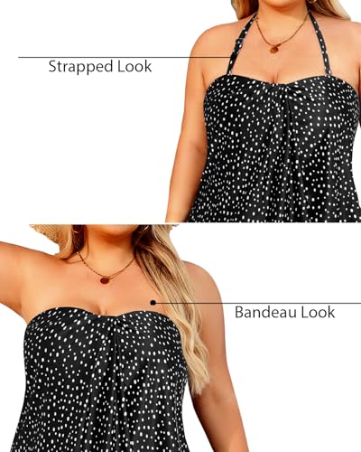 Image of Plus Size Bandeau Tankini 2 Piece Halter Swimsuit with Shorts | Flyaway,Quick Dry,Strapless,Removable Cups,High Waisted Short