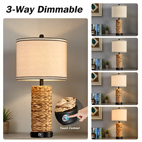 Touch Table Lamps Set Of 2, 3-Way Dimmable Bedside Lamps Coastal Rattan Nightstand Lamp With 2 Usb Ports And Ac Outlet Woven Seagrass Led Table Lamp For Living Room Home Office,2 Led Bulbs Included #TOP3