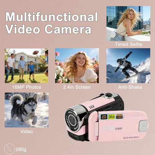 Camcorder Video Camera, 1080P 16MP DV Digital Camera, 2.4 Inch Recorder 270° Degrees, 16X Kids Vlogging Video Camer with Fill Light & 16GB SD Card for Travel Recording(Pink) - Image 5