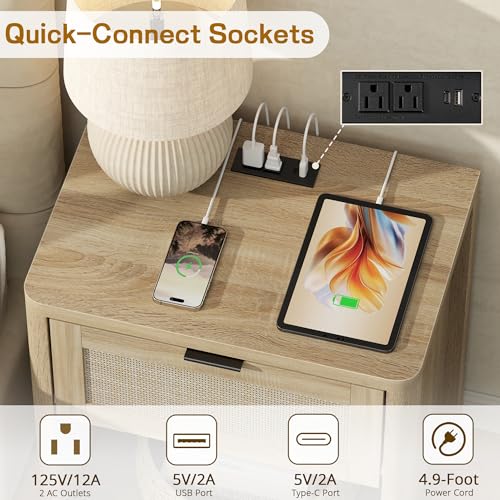 Image of Boho Nightstand with Charging Station, Large Bedside Table with Drawer & Open Storage Shelf, Mid-Century Modern End Table Rattan-Look Drawer, Accent Side Table with Rounded Corners for Bedroom